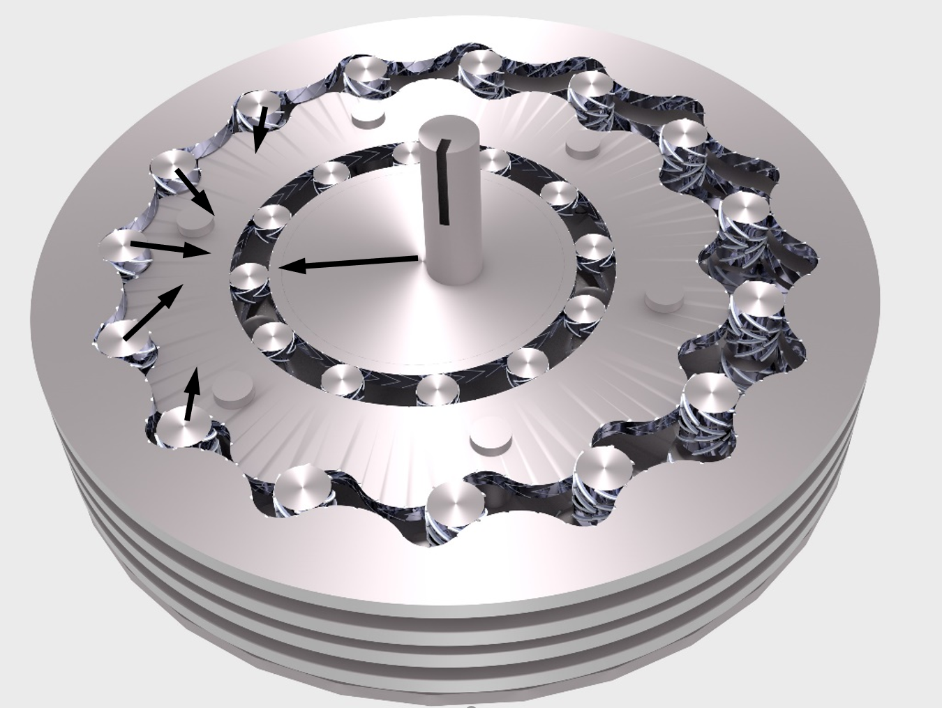 The speed reducer with no torque. A flexure keeps pressure on the pins, taking up any play in the system.